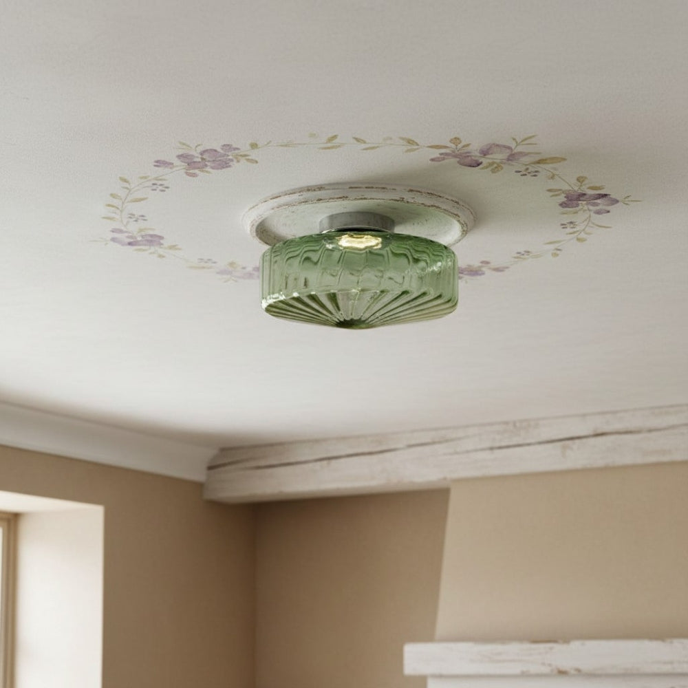 Vintage Geribbeld Glazen Plafondlamp Groen – Klassieke Verlichting voor Eetkamer, Entree & Gang