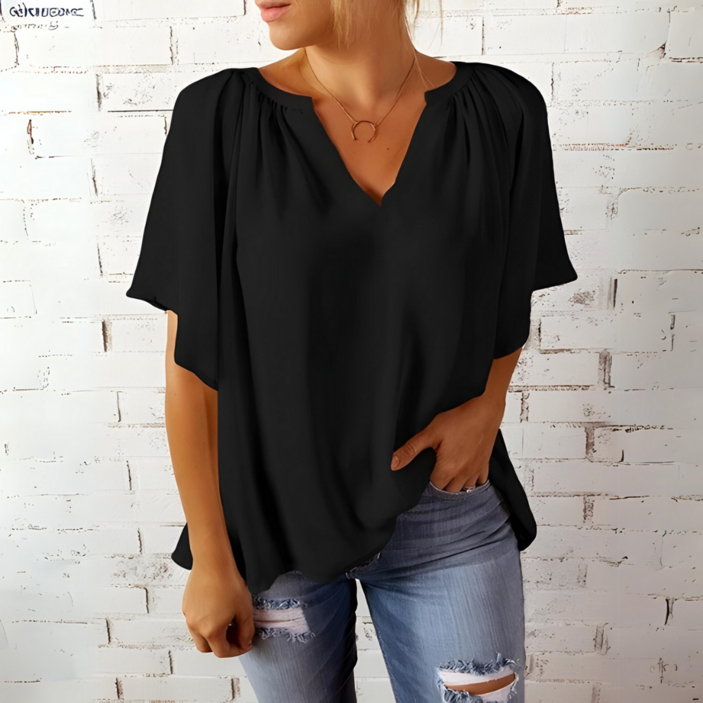 Vrouwelijke Chiffon Bloes V-Hals Korte Mouw Elegante