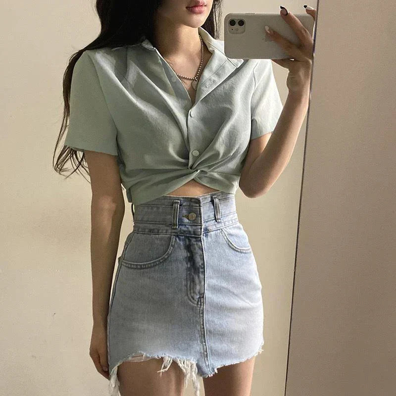 Knoopte Blouse voor Vrouw met Geknoopte Mouwen