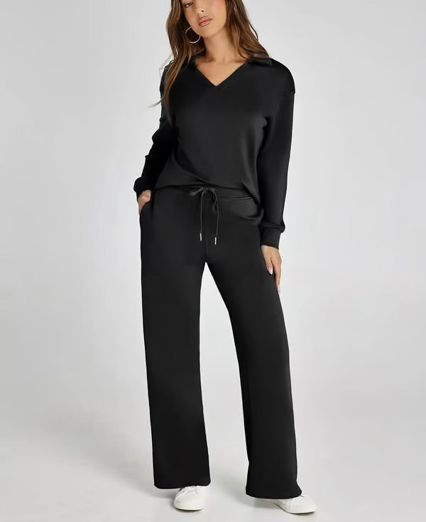 Dames 2-Delige Set met V-Hals Sweatshirt en Wijde Joggingbroek