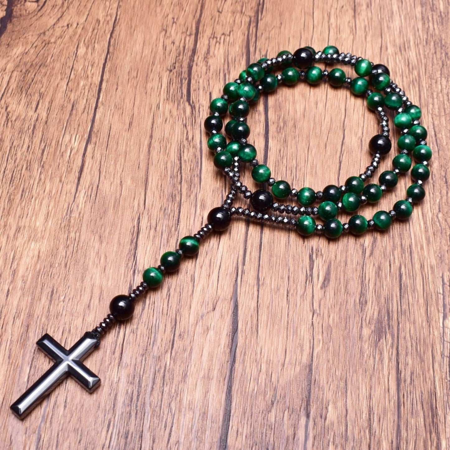 Natuursteen Rozenkrans Ketting met Kruis Hanger voor Mannen Zwart Blauw Groen Grijs