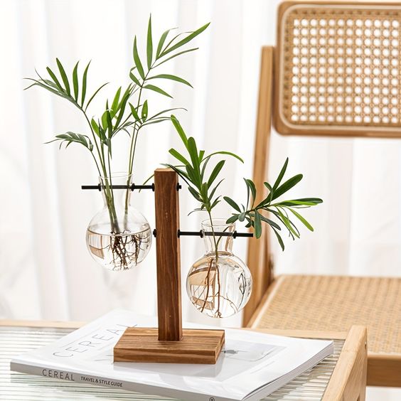 Glazen Vaas op Houten Standaard Decoratief Retro Hydroponics Plantenpot Transparant Glas Sfeeraccent voor Bloemen en Stekjes