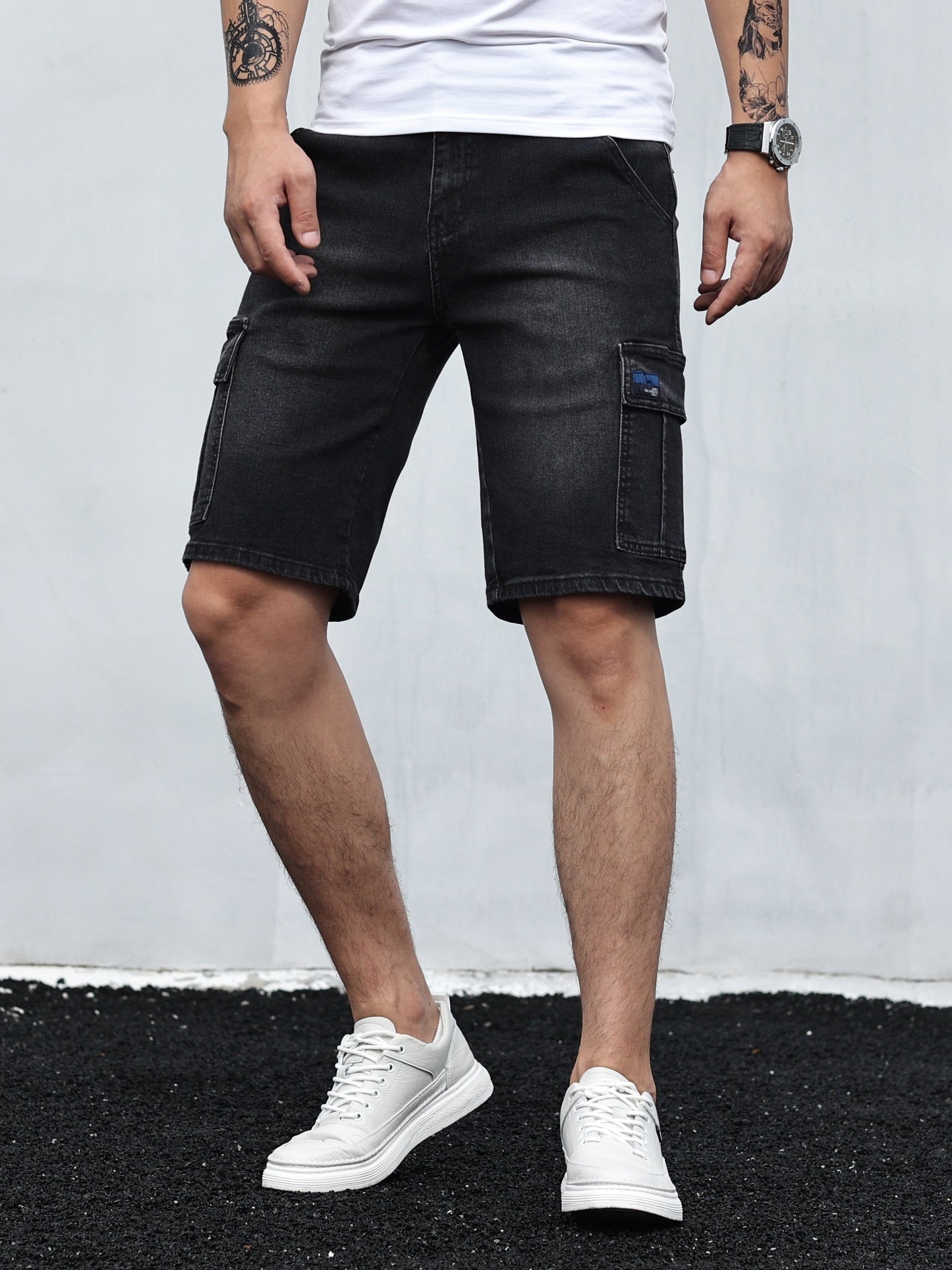 Heren Cargo Shorts Giel Blauw Denim Zomerbroek