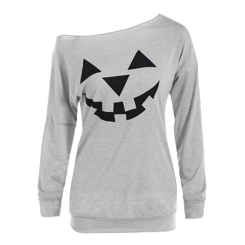 Dames Trui Off-Shoulder Halloween Pompoen Print