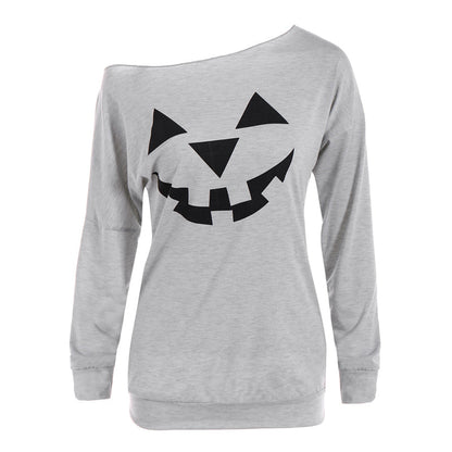 Dames Trui Off-Shoulder Halloween Pompoen Print