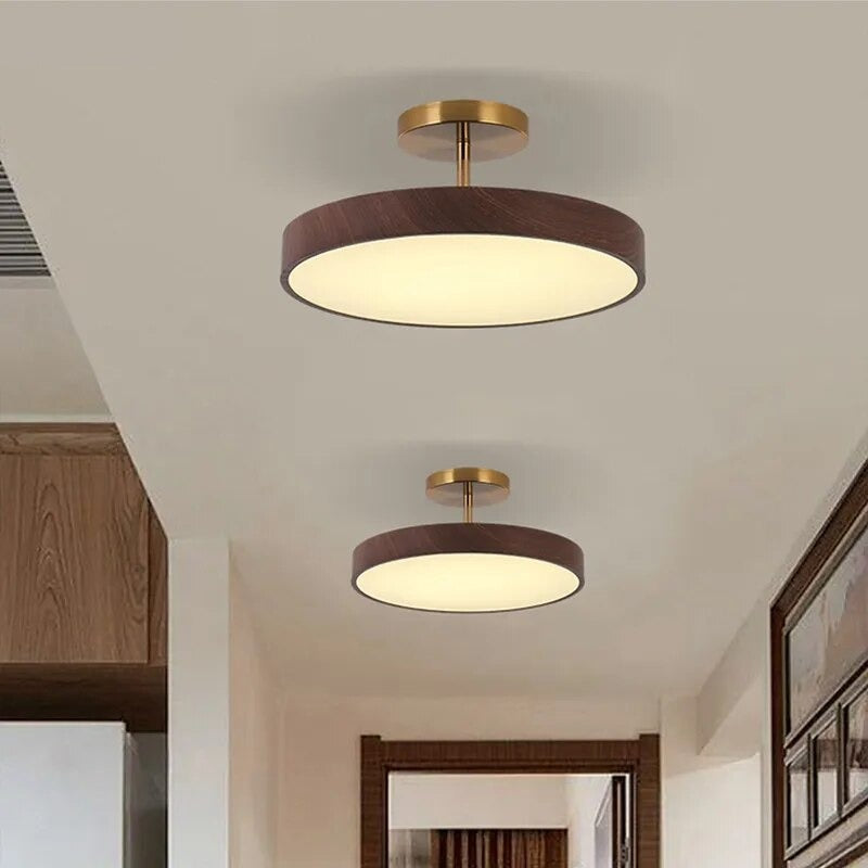 LED Plafondlamp Houtlook Goud Rond Half-Opbouw Woonkamer Slaapkamer Eetkamer Design Plafondverlichting