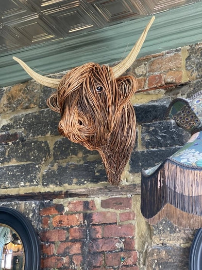 Wanddecoratie Stier Hoofd Handgemaakt Riet Naturel Woonkamer Landelijk Highland Cow Wandsculptuur Muurdecoratie Rustiek