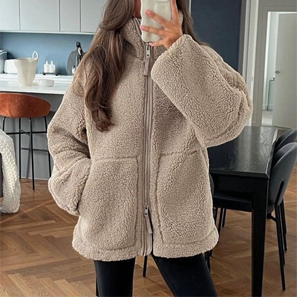 Dames Fleece Jas Warm met Hoge Kraag en Zakken Zwart