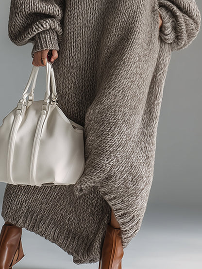 Dames Maxi Jurk Gebreid Khaki Rond Hals Gemêleerd
