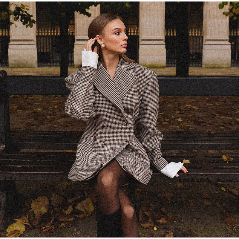 Dames Blazer Geruit Stijlvol met Plooien en Chic Design