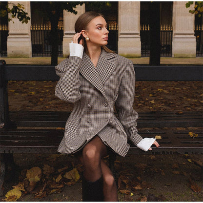 Dames Blazer Geruit Stijlvol met Plooien en Chic Design