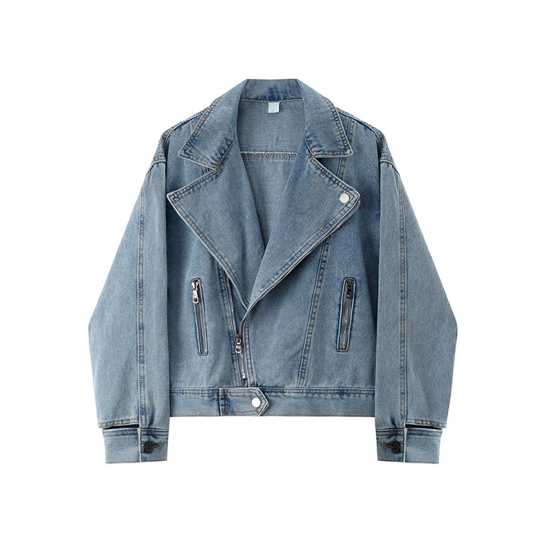 Dames Biker Jacket Kort Denim Model Met Grote Kraag → Korte Dames Biker Jas Denim Met Grote Kraag