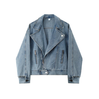 Dames Biker Jacket Kort Denim Model Met Grote Kraag → Korte Dames Biker Jas Denim Met Grote Kraag
