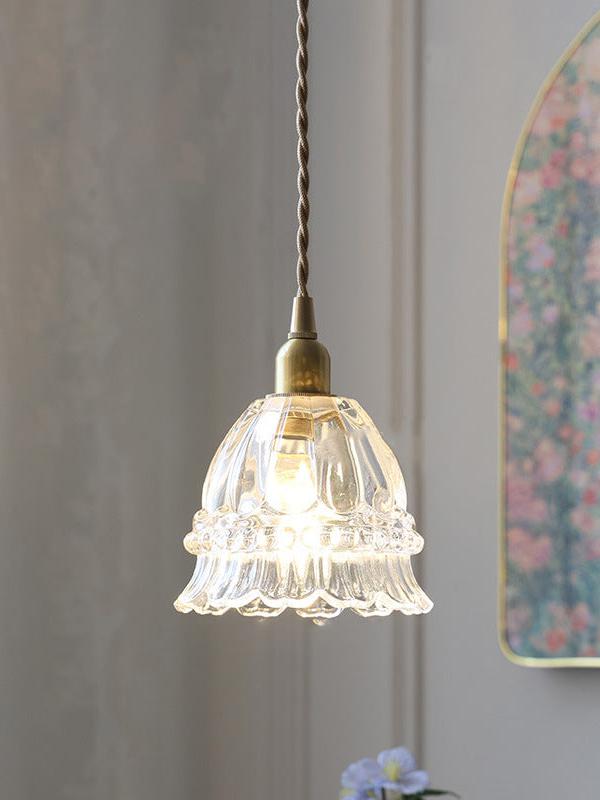 Franse Landelijke Hanglamp Glazen Kap Kwallen Design Transparant of Amber met Walnoot Greep Sfeerverlichting Eetkamer Elegante Plafondlamp