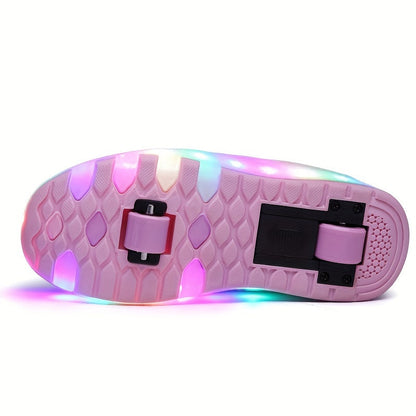 Roller sneakers kinderen LED kunstleer roze met wieltjes afneembaar schoenen skates lichtgevende kinderschoenen