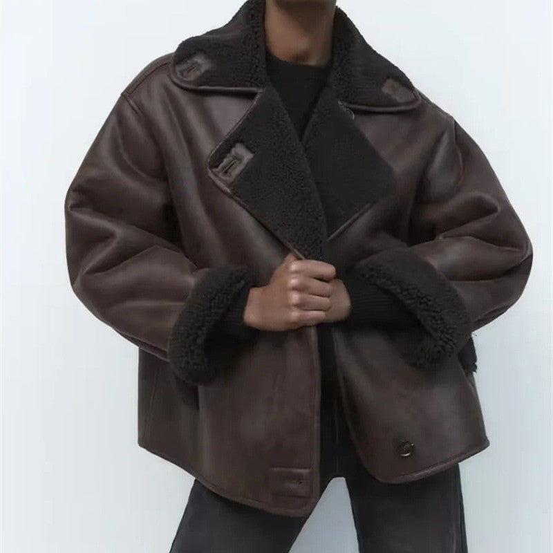 Dames Leren Pilotenjas Oversized Teddy Voering Met Zakken