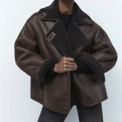 Dames Leren Pilotenjas Oversized Teddy Voering Met Zakken