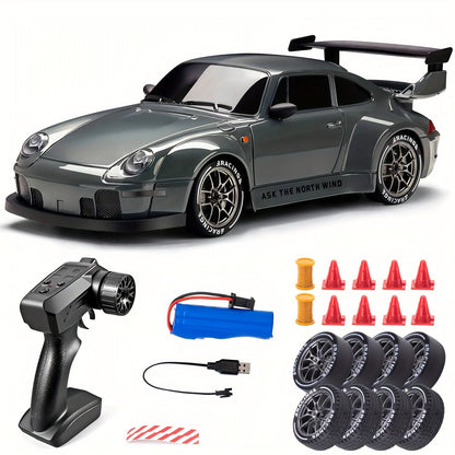 RC drift auto 1:24 4WD grijs met verlichte wielen afstandsbediening extra banden driftauto speelgoed auto usb oplaadbaar
