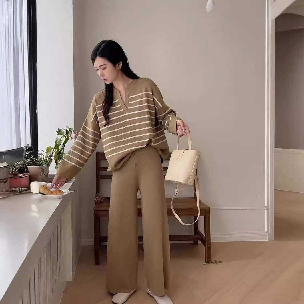 Dames Gebreide Set Streepjes Broek en Top Tweedelig