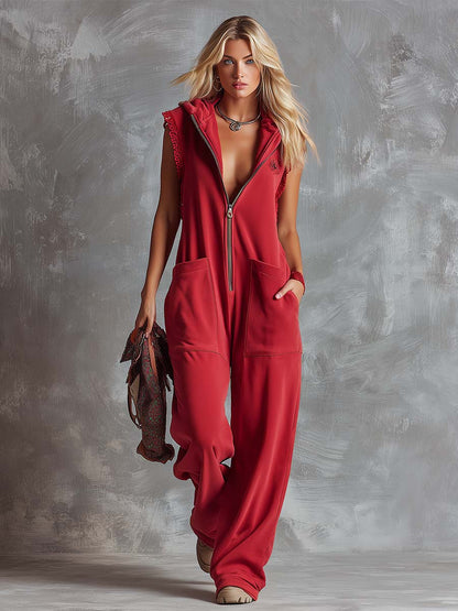 Dames Jumpsuit Sportief Katoen Framboosrood met Capuchon