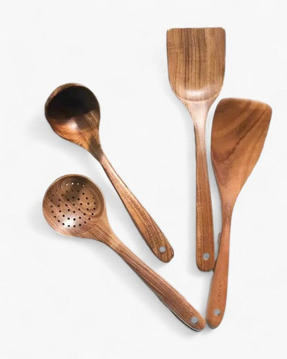 Teakhouten Keukengerei Set | Duurzaam Houten Bestek voor Dagelijks Koken | Zachtvoor Pannen | Elegant Keukenaccessoire | Milieuvriendelijk