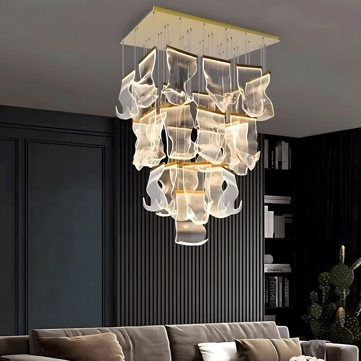 Moderne Design Kroonluchter Met Gelaagde Acryl Bladen En Verstelbare Hoogte