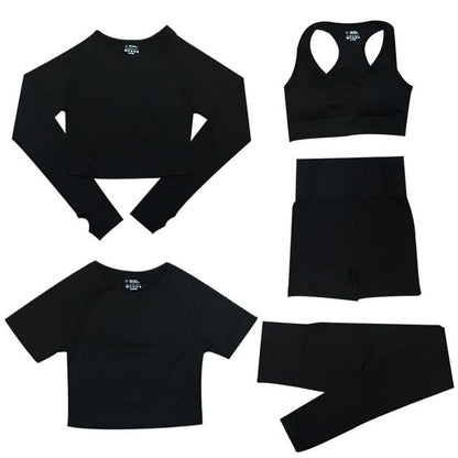 5-delige Sport Set | Dames tops en sportleggings met hoge taille in de kleur Zwart voor dames in stijl geschikt voor alle seizoenen.
