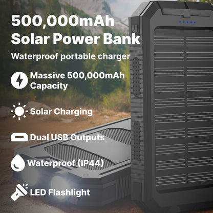 Solar Powerbank Camping 500000mAh Waterdicht Externe Accu met Dual USB en LED Zaklamp voor Onderweg