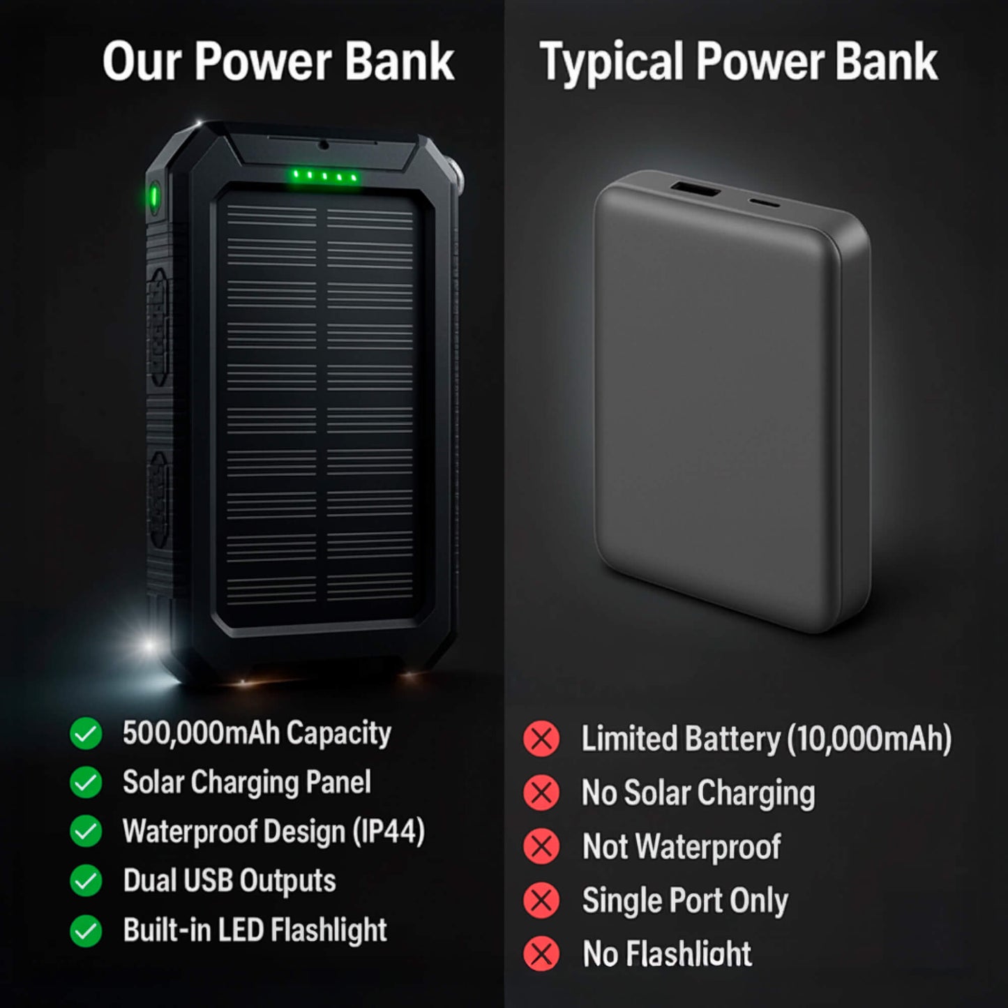 Solar Powerbank 500000mAh Waterdicht Externe Accu met Dual USB en LED Zaklamp voor Camping en Noodgevallen