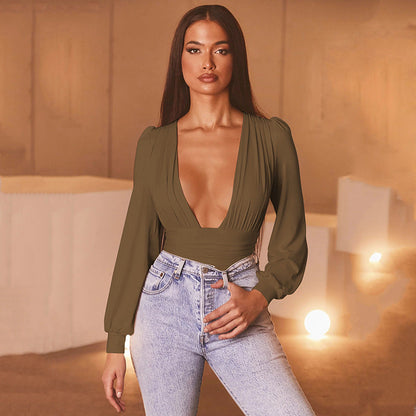 Dames Bodysuit Zwart Lange Mouwen Diepe Hals Elegant