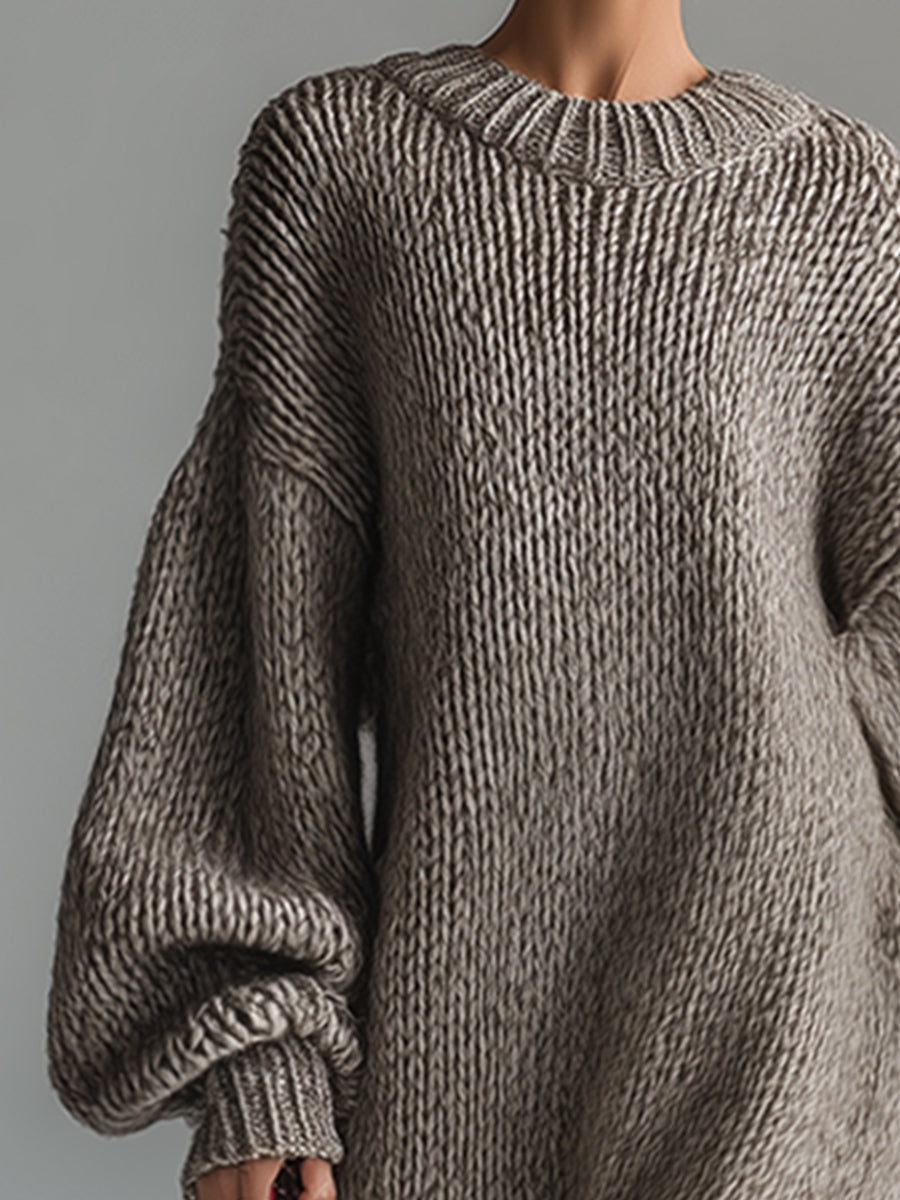 Dames Maxi Jurk Gebreid Khaki Rond Hals Gemêleerd