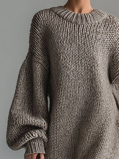 Dames Maxi Jurk Gebreid Khaki Rond Hals Gemêleerd