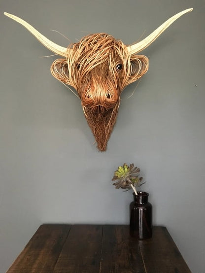 Wanddecoratie Stier Hoofd Handgemaakt Riet Naturel Woonkamer Landelijk Highland Cow Wandsculptuur Muurdecoratie Rustiek