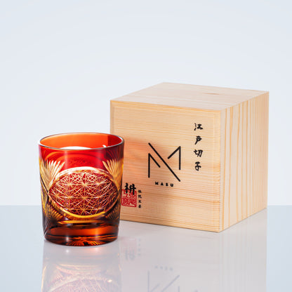 Whiskeyglas Edo Kiriko Kraanvogelveer Amber Handgemaakt Japans Kristal Houten Doos