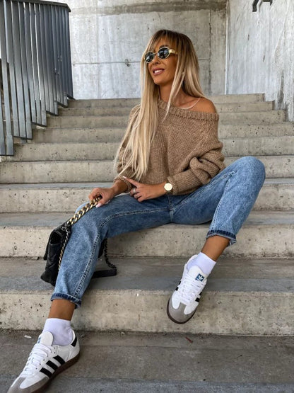 Dames Trui Off-shoulder Gebreid Elegant Zwart