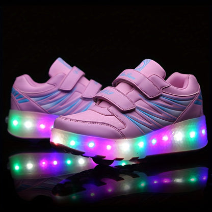 Roller sneakers kinderen LED kunstleer roze met wieltjes afneembaar schoenen skates lichtgevende kinderschoenen