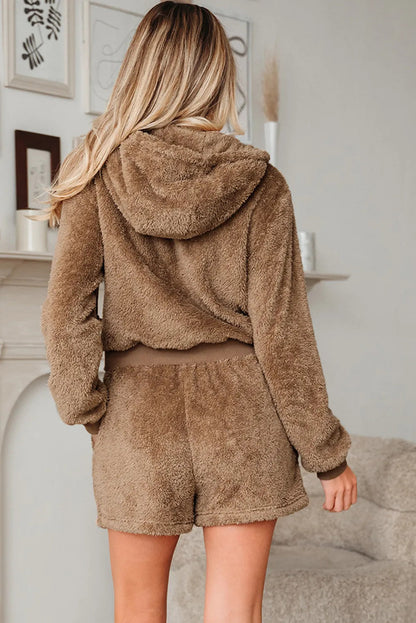 Dames Teddy Lounge Set Zacht en Warm met Kap en Korte Broek