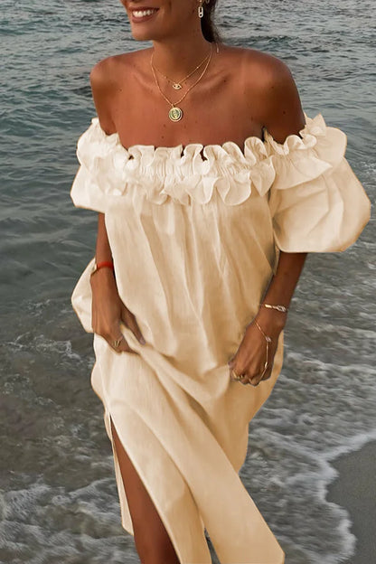 Vrouwelijke Off-the-shoulder Jurk met Ruches en Pofmouwen - StudioMarella