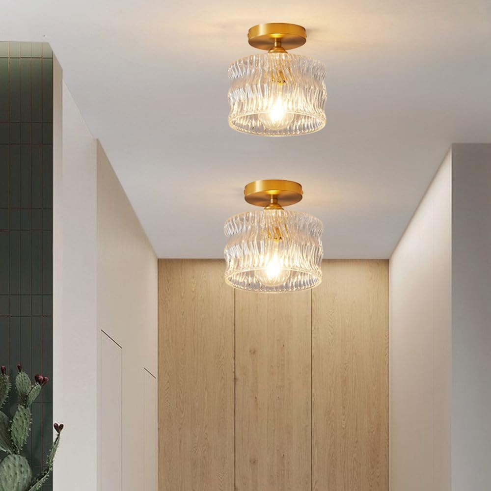 Glazen plafondlamp E27 goud hal slaapkamer woonkamer ribbelglas plafondverlichting compact modern interieur