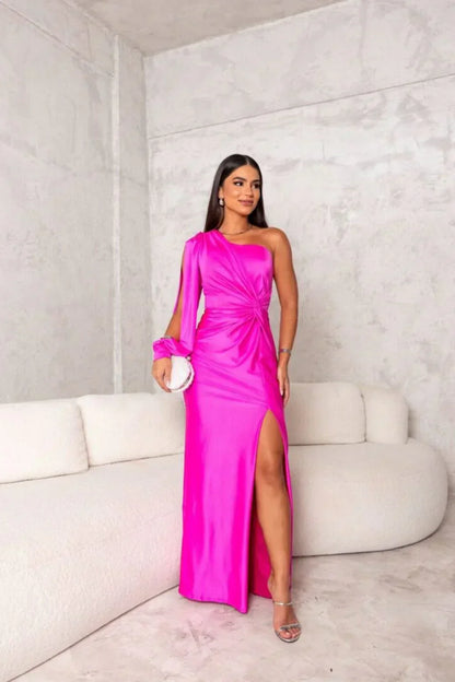 Elegant One-Shoulder Maxi Bruiloftsgast Jurk met Split
