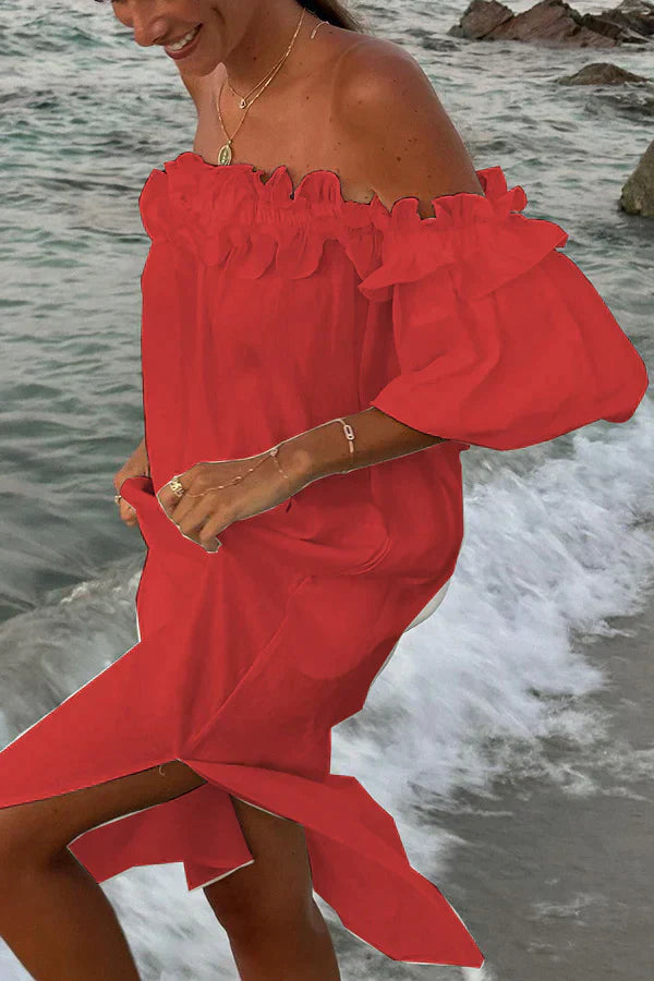 Zomerjurk Linnen Off-the-Shoulder Ruches Vrouwenjurk