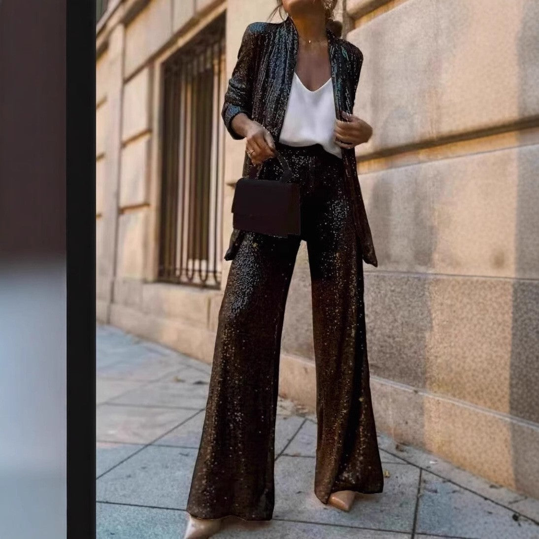 Dames Feestelijke Pailletten Blazer Set Wijd Met Broek