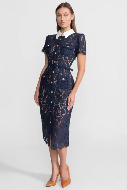 Bloemenkant Jurk Dames Marineblauw Met Kraag en Ceintuur