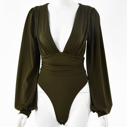 Dames Bodysuit Zwart Lange Mouwen Diepe Hals Elegant