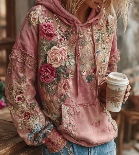 Vrouwelijke Hoodie Bloemenprint Vintage Look - StudioMarella