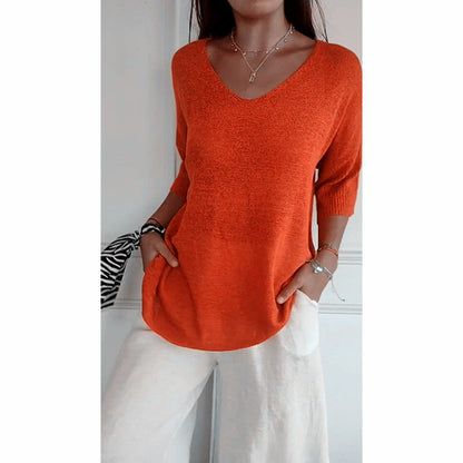 Dames Top Met V-hals Driekwartmouwen Fijngebreid Casual
