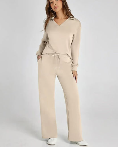 Dames 2-Delige Set met V-Hals Sweatshirt en Wijde Joggingbroek