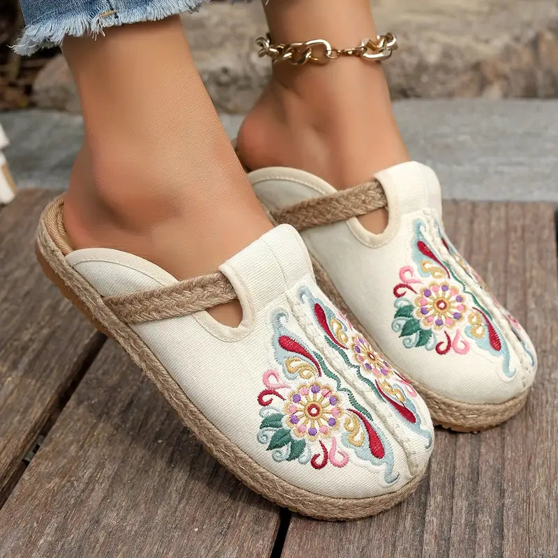 Dames Leer Schoenen Bloemenpatroon Platte Zool