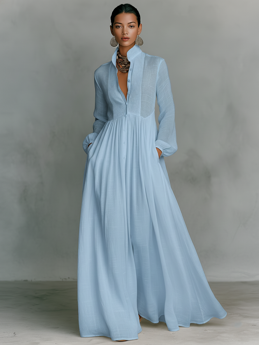 Dames maxi-jurk linnen patchwork staande kraag