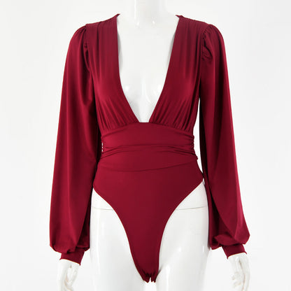 Dames Bodysuit Zwart Lange Mouwen Diepe Hals Elegant